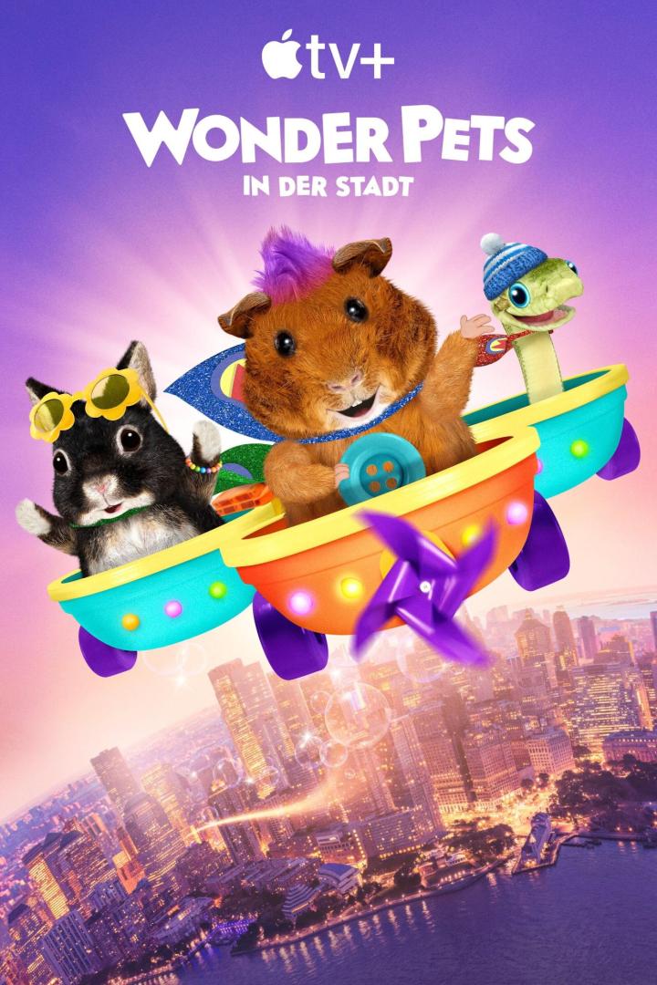 Das Titelbild von „Wonder Pets in der Stadt“ zeigt drei Tiere in einem fliegenden Gefährt vor einer Stadtkulisse.