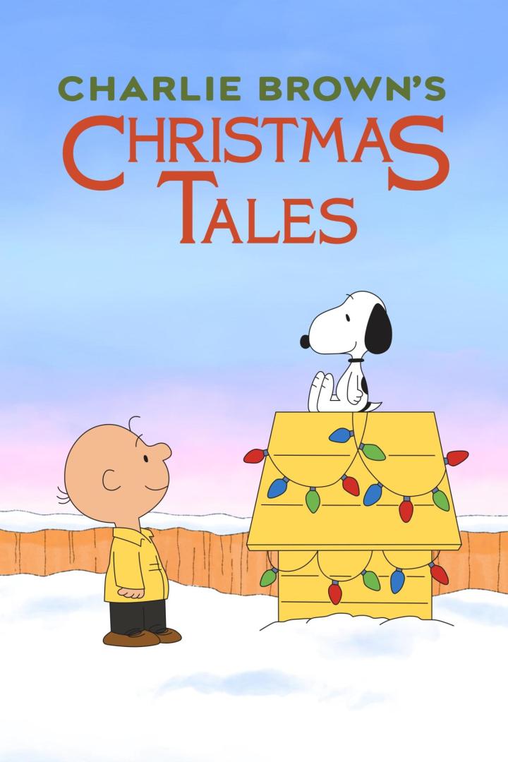 Charlie Brown und Snoopy vor dem Hintergrund des Titels „Charlie Brown's Christmas Tales“.