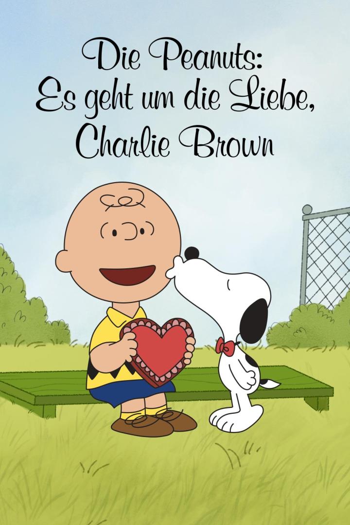 Charlie Brown hält ein Herz, während Snoopy ihn küsst.