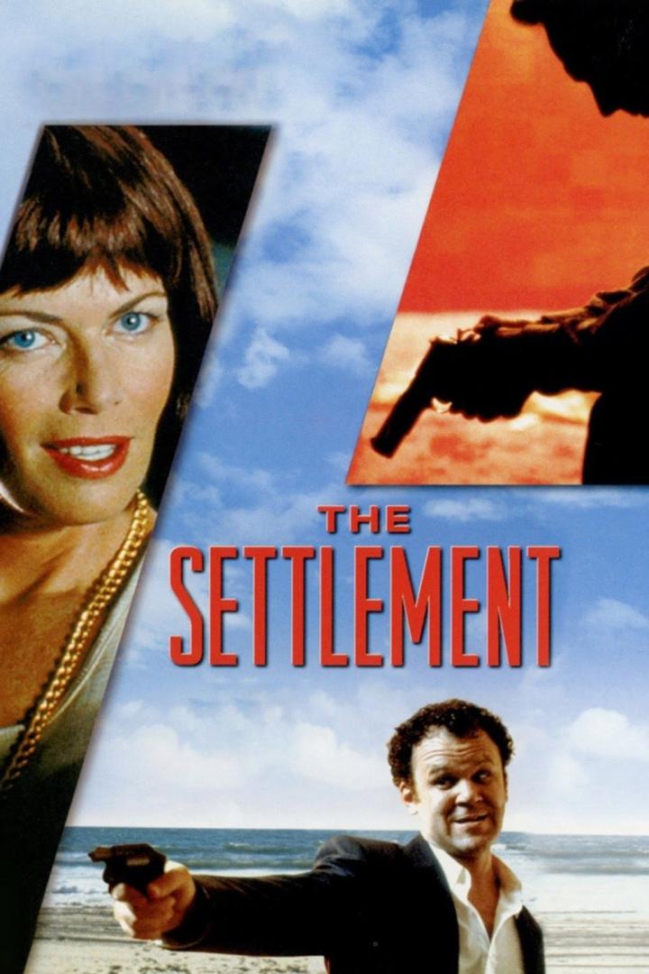 Das Filmplakat für „The Settlement“ zeigt eine Frau, einen Mann mit einer Waffe und eine Silhouette mit einer Waffe vor einem Himmel.