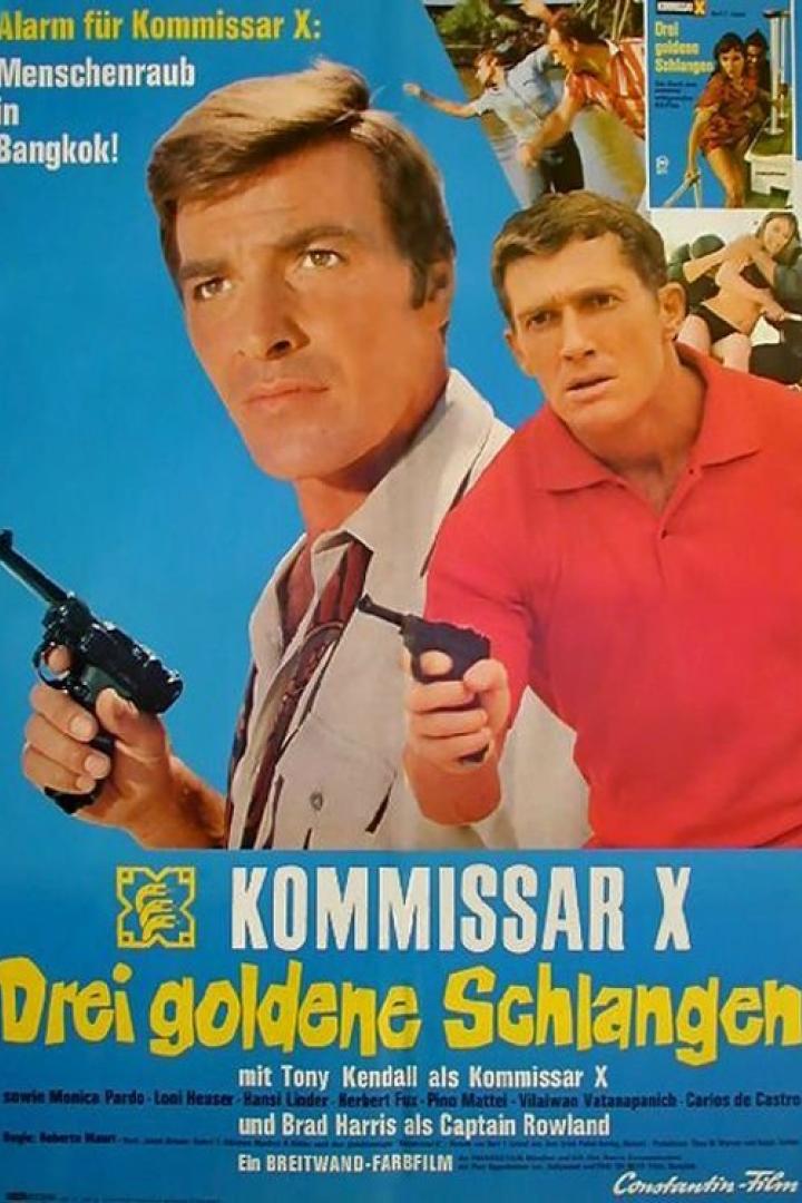 Das Filmplakat für „Kommissar X – Drei goldene Schlangen“ zeigt Tony Kendall mit einer Pistole.