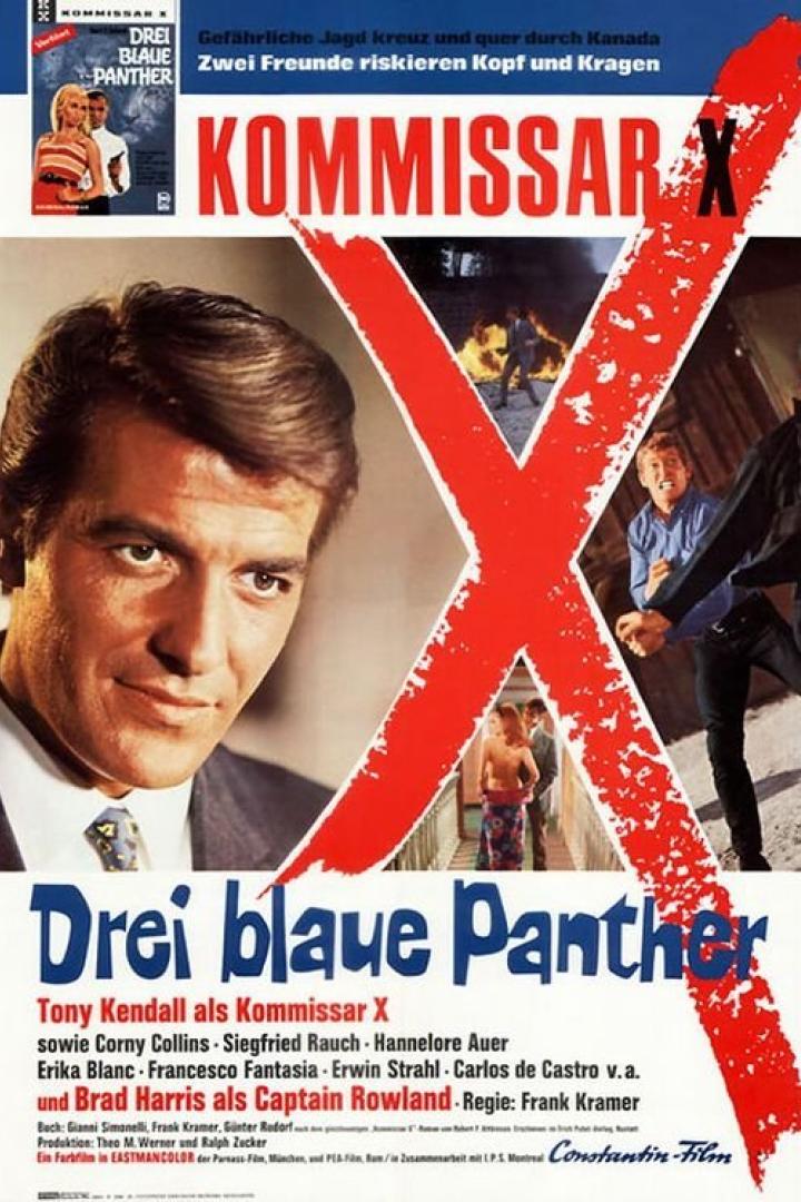 Das Filmplakat für „Kommissar X – Drei blaue Panther“ zeigt Tony Kendall als Kommissar X.