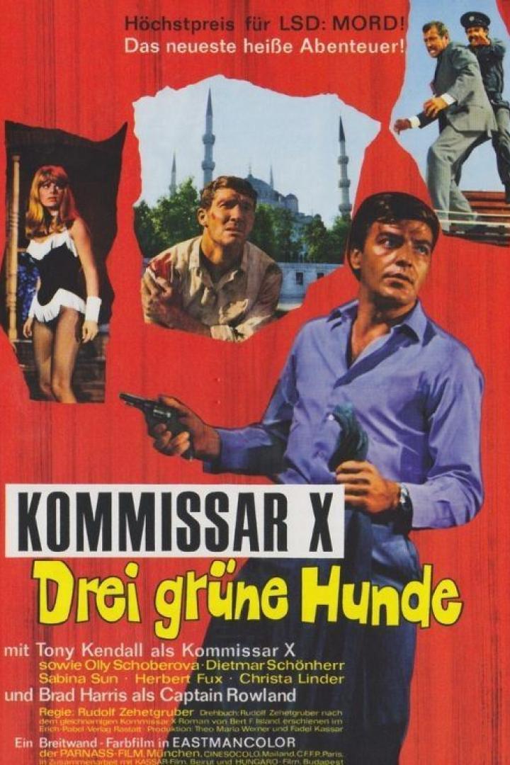 Das Filmplakat zu „Kommissar X – Drei grüne Hunde“ zeigt Tony Kendall mit einer Waffe.