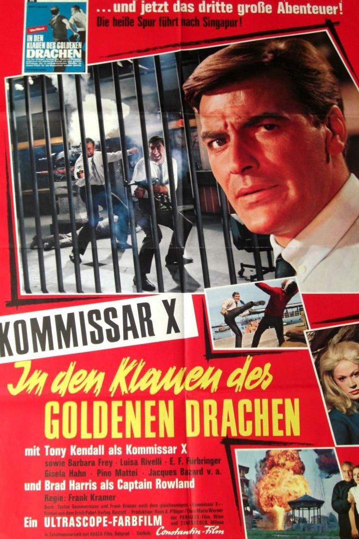 Das Filmplakat zu „Kommissar X – In den Klauen des goldenen Drachen“ zeigt Tony Kendall und Actionszenen.