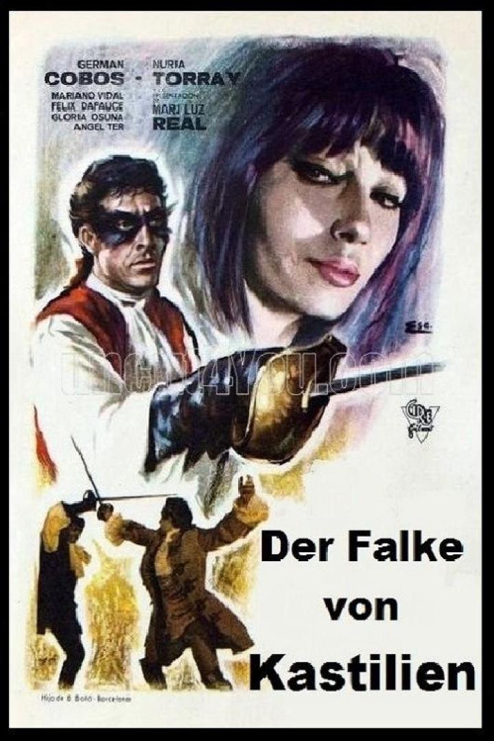 Das Filmplakat für „Der Falke von Kastilien“ zeigt einen maskierten Mann und eine Frau mit einem Degen.
