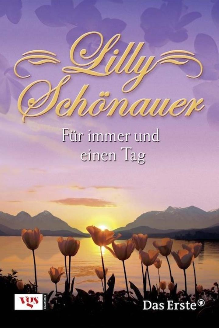 Das Cover des Buches „Für immer und einen Tag“ von Lilly Schönauer mit Tulpen vor einem See bei Sonnenuntergang.
