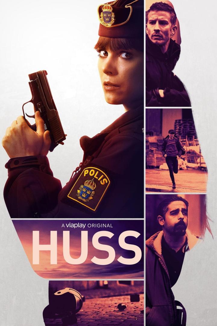 Das Filmplakat für „Huss“ zeigt eine Polizistin mit einer Waffe und weitere Szenen.