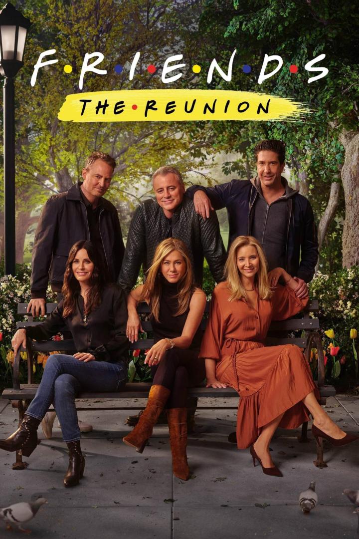 Das Ensemble der Fernsehserie „Friends“ sitzt auf einer Bank für „The Reunion“.