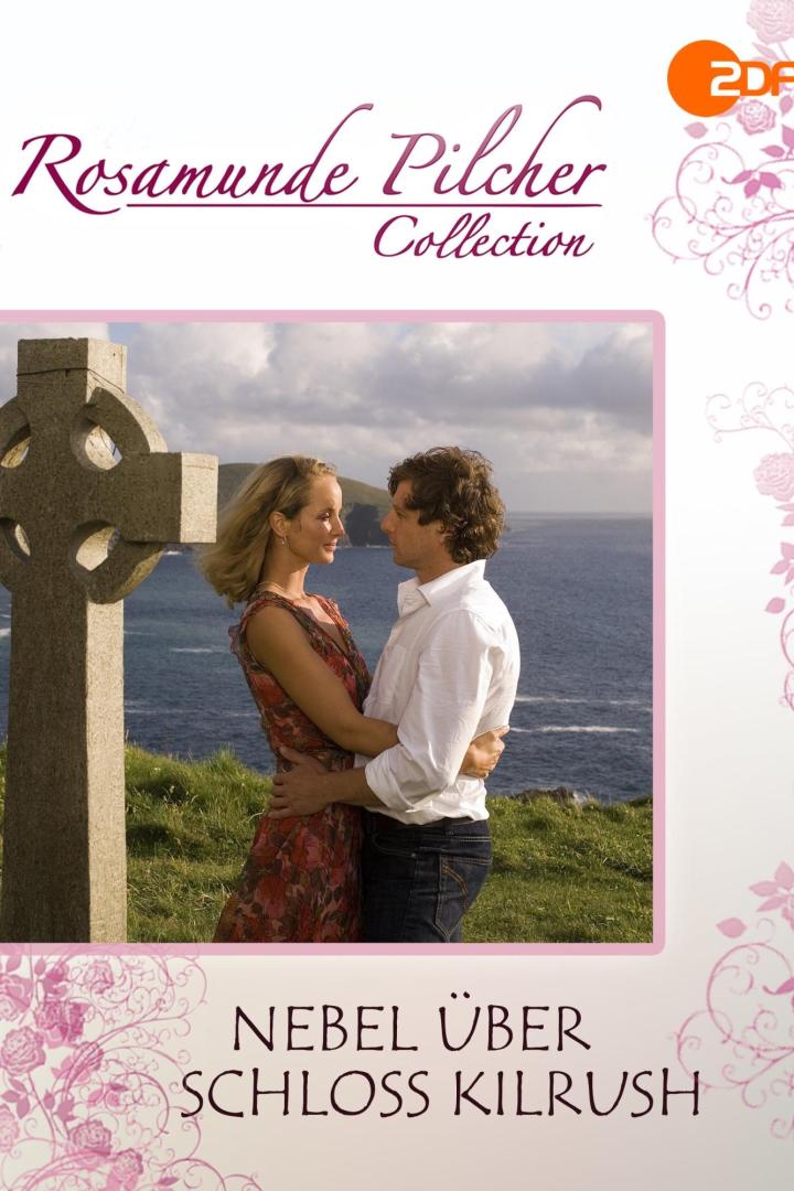 Ein Paar umarmt sich vor einem Steinkreuz und dem Meer, Titelbild von „Nebel über Schloss Kilrush“.