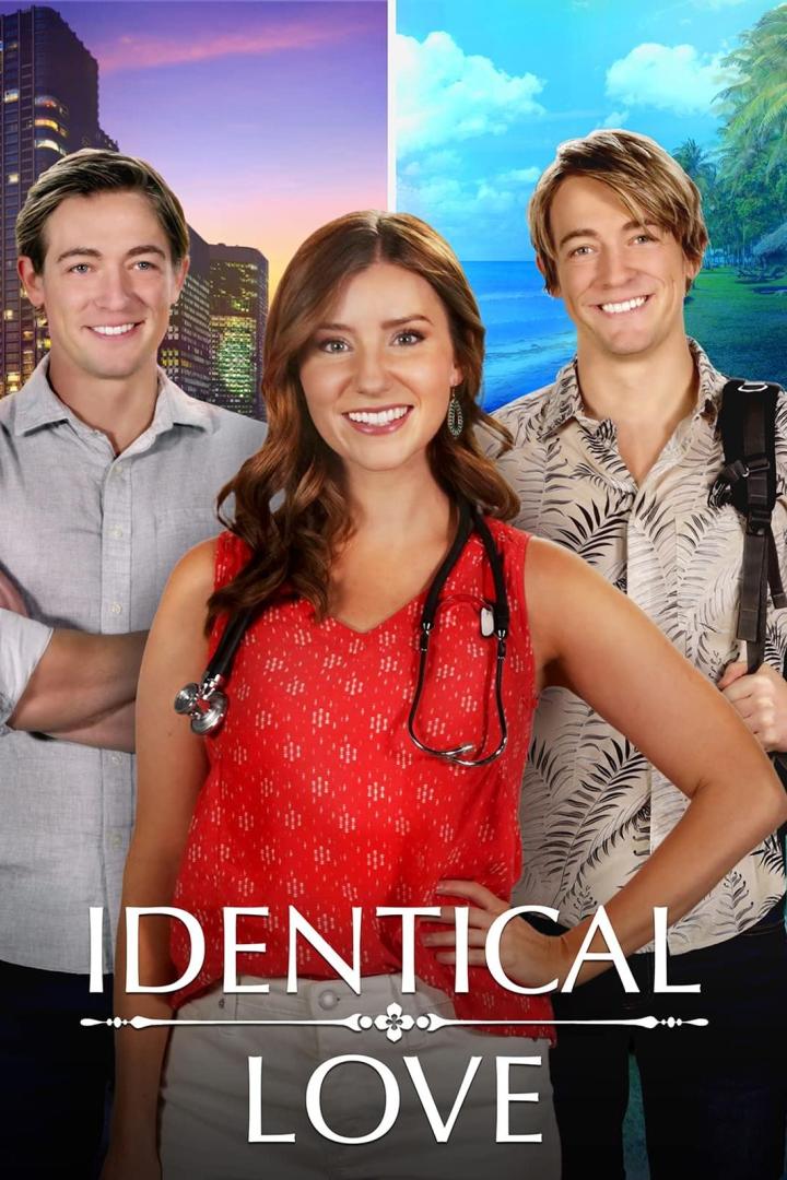 Das Filmplakat für „Identical Love“ zeigt eine Ärztin mit zwei Männern vor unterschiedlichen Hintergründen.