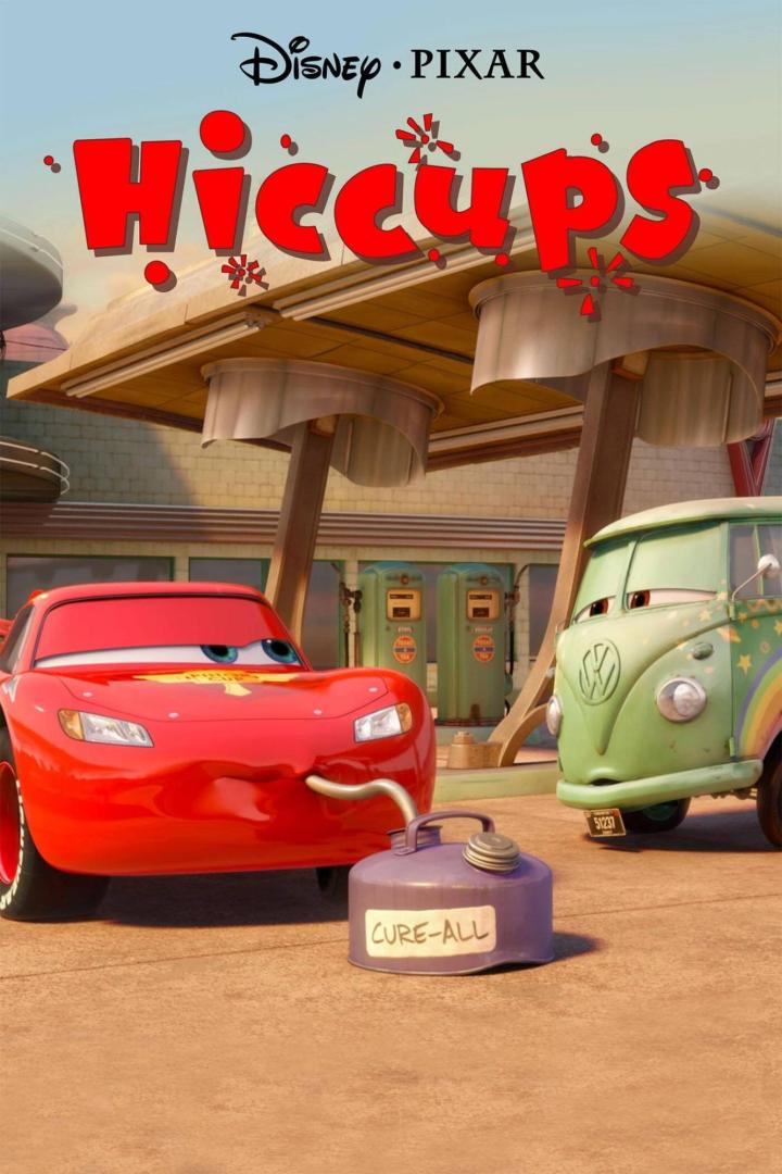Das Filmplakat für „HiccUps“ von Disney Pixar zeigt Lightning McQueen mit Schluckauf.