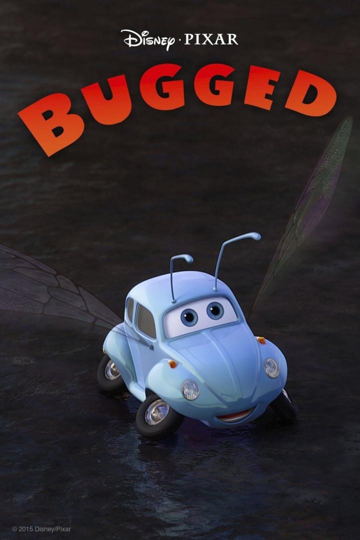 Ein blauer VW Käfer mit Flügeln und Augen, Titelbild für „Bugged“ von Disney Pixar.