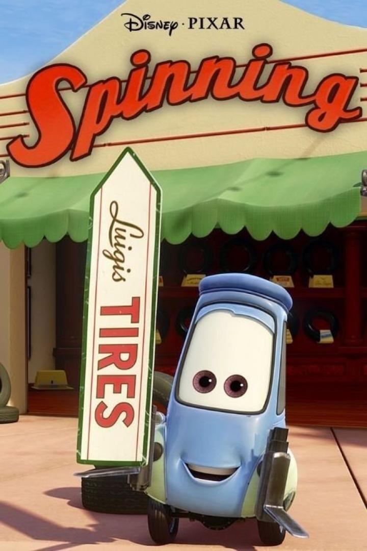 Ein blauer Auto-Charakter steht vor „Luigi's Tires“ aus dem Film „Cars“.