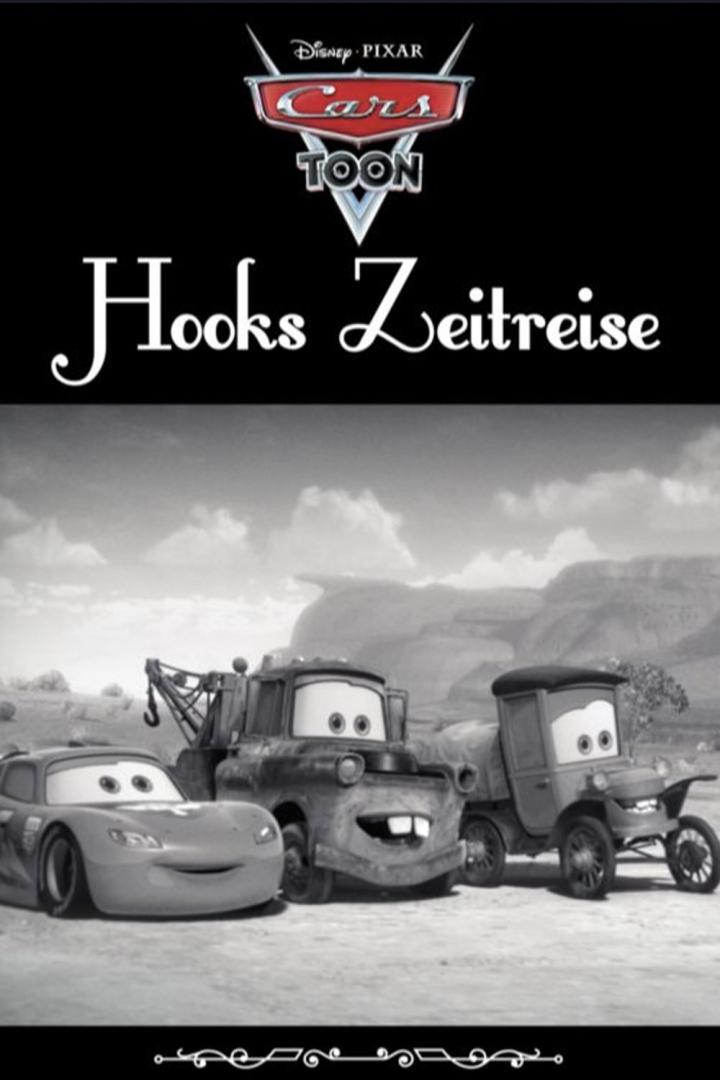 Das Cover von „Hooks Zeitreise“, einem Cars Toon mit Lightning McQueen, Hook und einem Oldtimer.