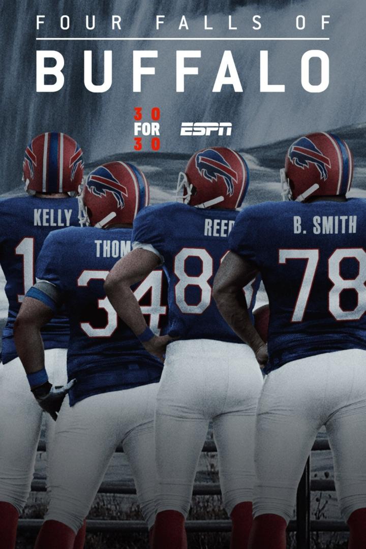 Das Poster für „Four Falls of Buffalo“ zeigt vier Footballspieler der Buffalo Bills mit Blick auf den See.