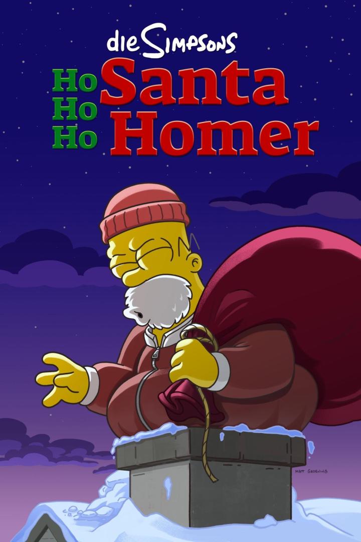 Homer Simpson als Weihnachtsmann auf einem Schornstein mit der Aufschrift „Santa Homer“.