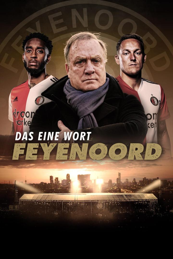 Ein Werbeplakat für Feyenoord Rotterdam mit Spielern und einem Stadion im Hintergrund.