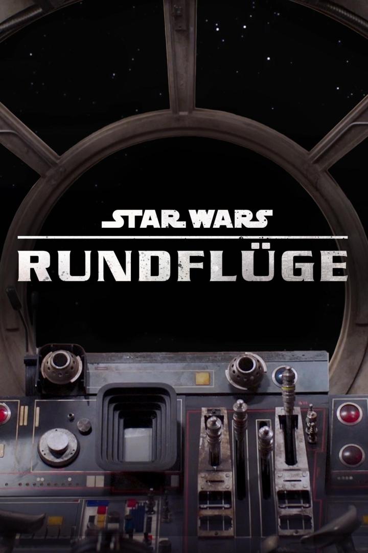 Blick aus dem Cockpit eines Raumschiffs mit dem Schriftzug „Star Wars Rundflüge“.
