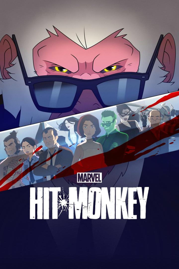 Das Poster für „Hit-Monkey“ zeigt einen Affen mit Sonnenbrille und verschiedene Charaktere.