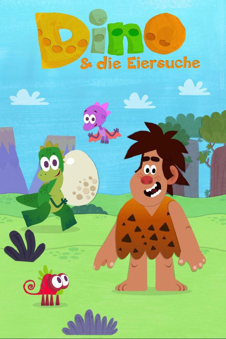Cartoon-Szene mit Dinosauriern, einem Steinzeitmenschen und dem Titel „Dino & die Eiersuche“.