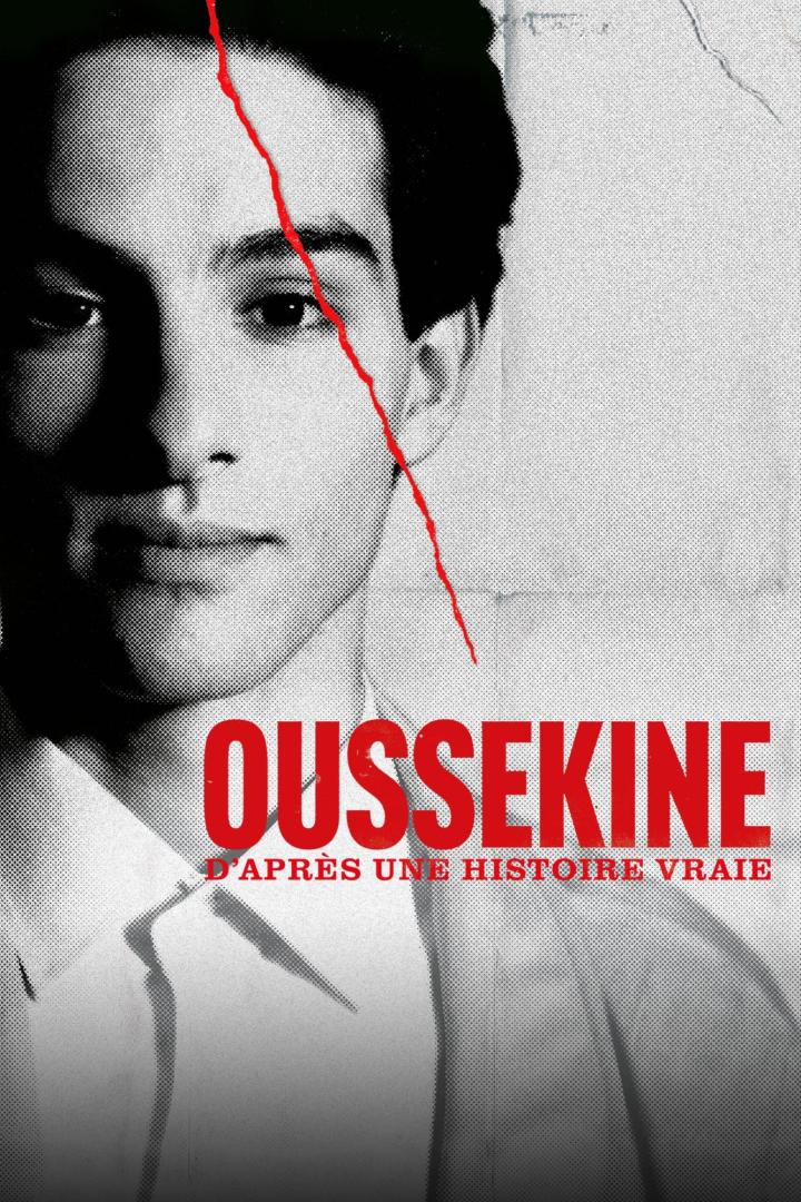Das Filmplakat für „Oussekine“ zeigt das Porträt eines jungen Mannes mit einem roten Riss im Gesicht.