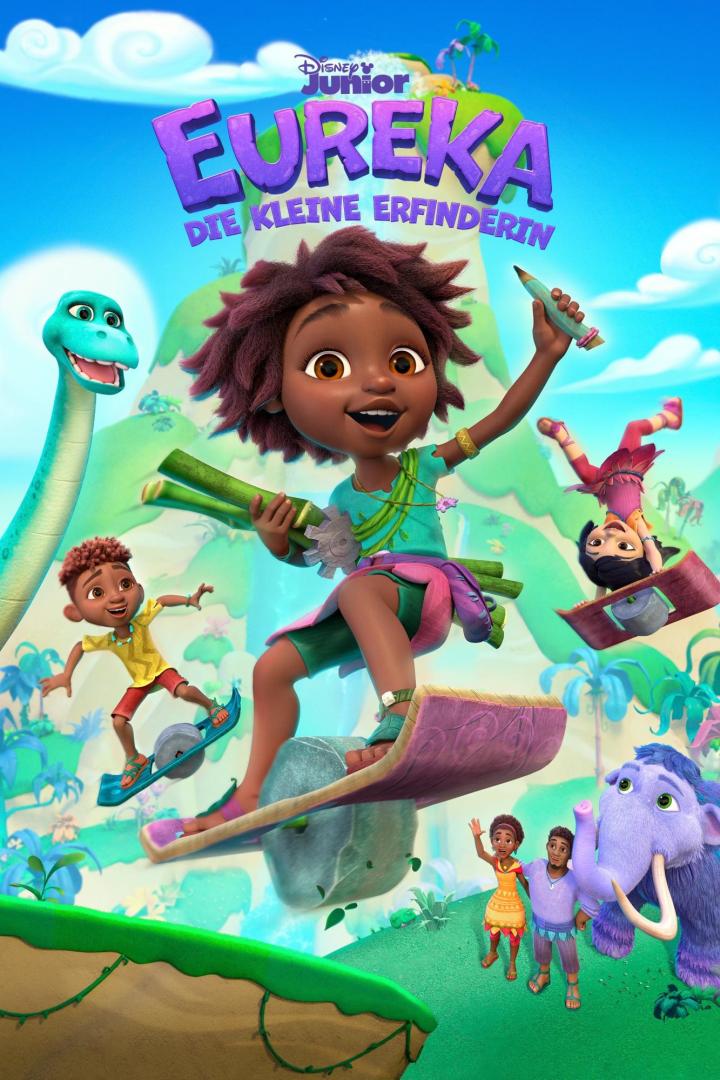 Das Poster für „Eureka! Die kleine Erfinderin“ zeigt die Hauptfigur und ihre Freunde in einer prähistorischen Welt.
