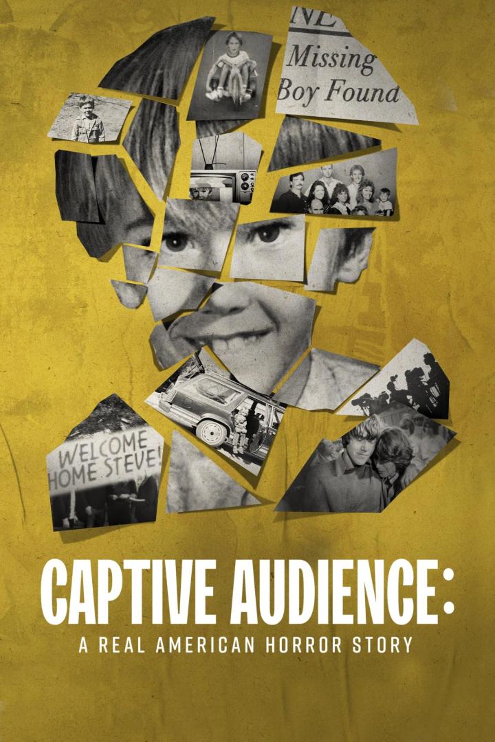 Das Poster für „Captive Audience: A Real American Horror Story“ zeigt ein zerstückeltes Gesicht aus alten Fotos und Zeitungsausschnitten.