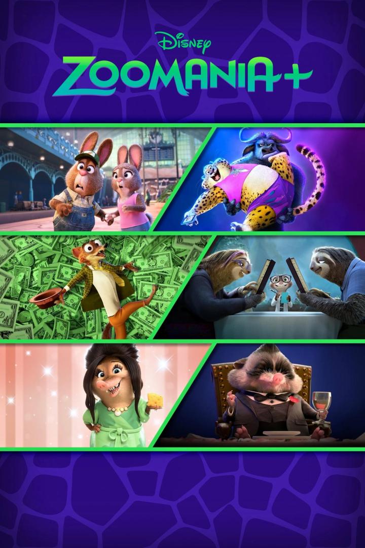 Verschiedene Szenen aus der Disney+-Serie „Zoomania+“ mit den animierten Tierfiguren.