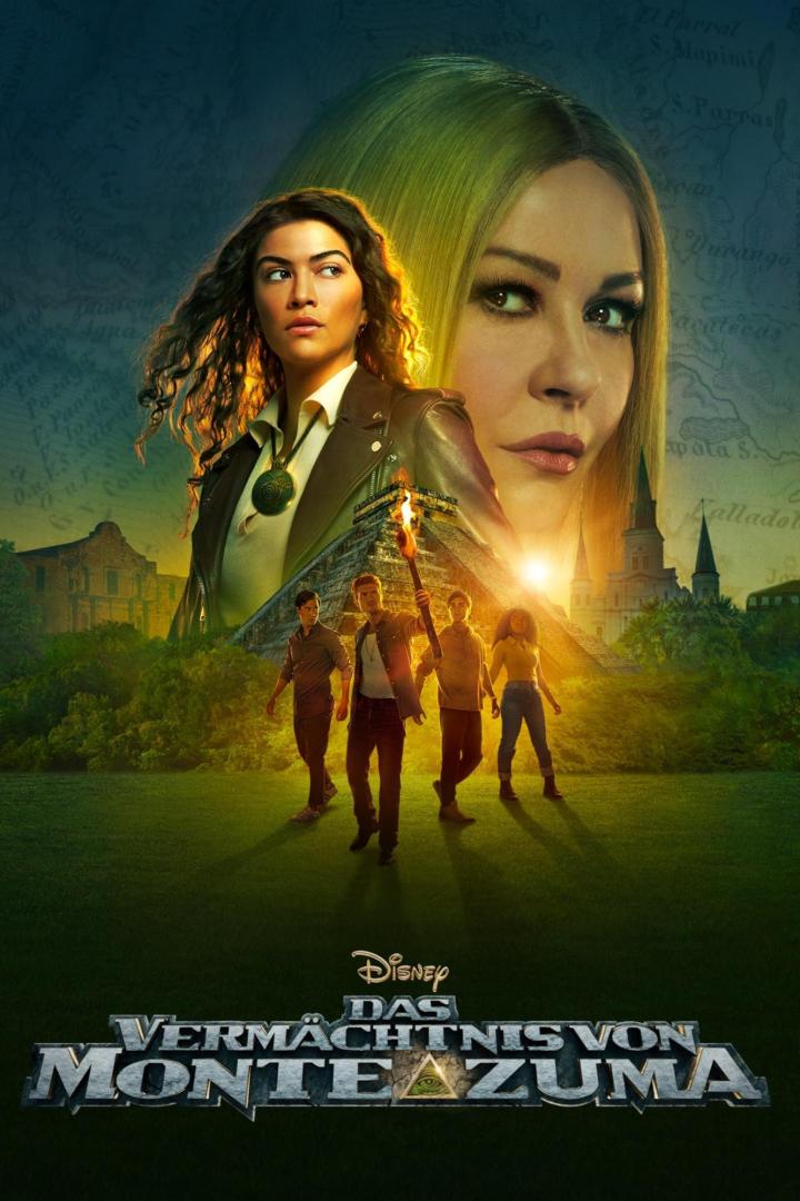 Das Filmplakat für „Das Vermächtnis von Montezuma“ zeigt die Hauptdarsteller vor einer Karte und alten Ruinen.