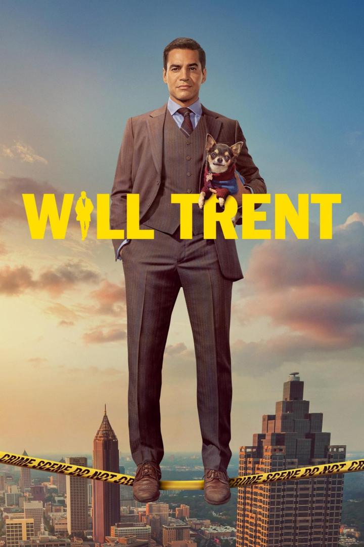 Das Poster für „Will Trent“ zeigt einen Mann im Anzug, der einen Chihuahua vor der Skyline von Atlanta hält.