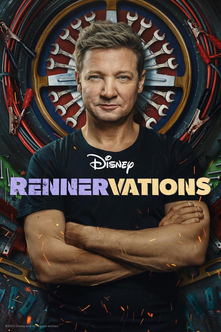 Das Poster für „Rennervations“ mit Jeremy Renner vor Werkzeugen und dem Disney-Logo.