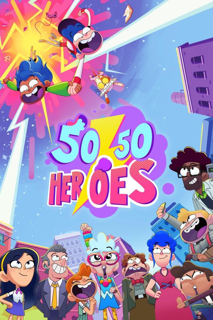 Das farbenfrohe Poster für die Zeichentrickserie „50/50 Heroes“ zeigt eine Gruppe von Comicfiguren vor einer Stadtkulisse.