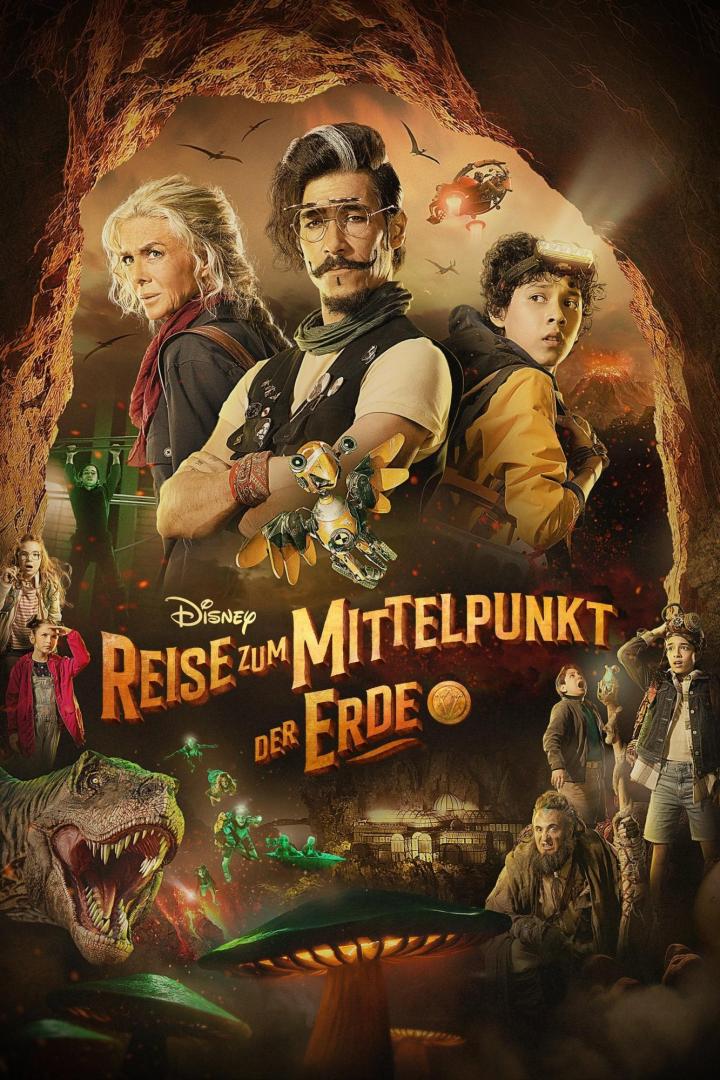 Das Filmplakat für „Reise zum Mittelpunkt der Erde“ zeigt eine Gruppe von Abenteurern in einer Höhle voller Gefahren.