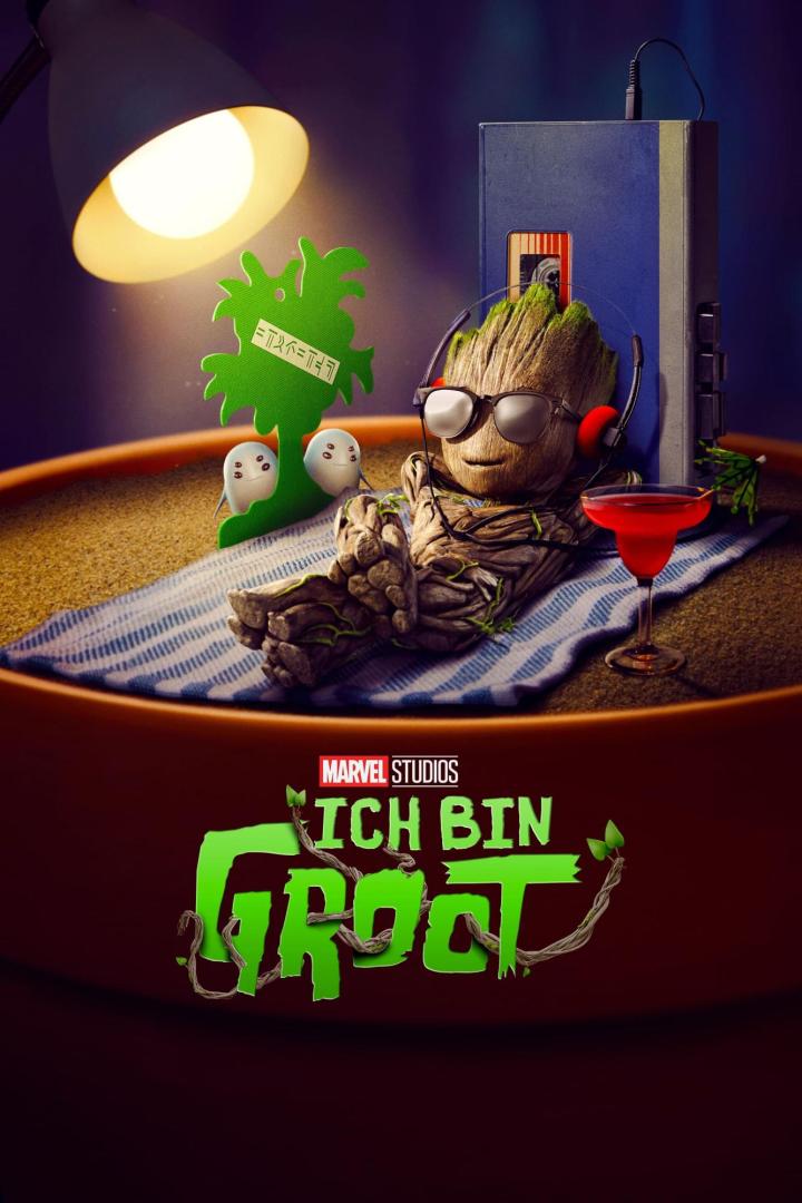 Groot entspannt mit Kopfhörern, Sonnenbrille und Cocktail am Strand in „Ich bin Groot“.