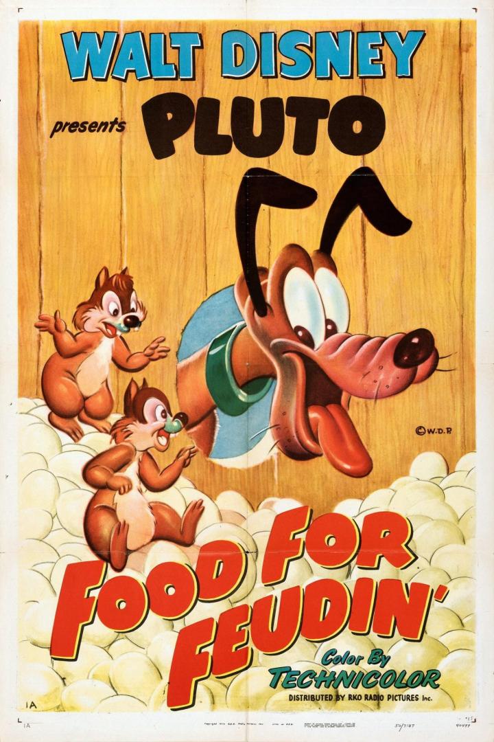 Das Filmplakat für Walt Disneys „Food for Feudin‘“ mit Pluto, Chip und Chap.