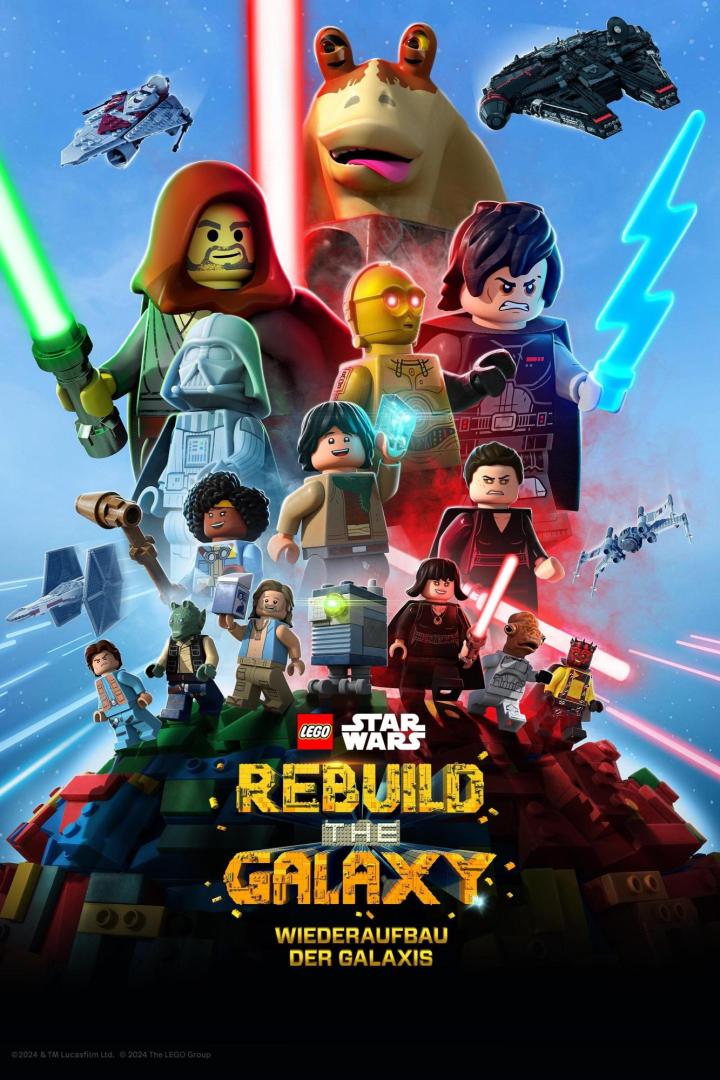Das LEGO „Star Wars: Rebuild the Galaxy“-Poster zeigt verschiedene LEGO-Figuren und Raumschiffe.
