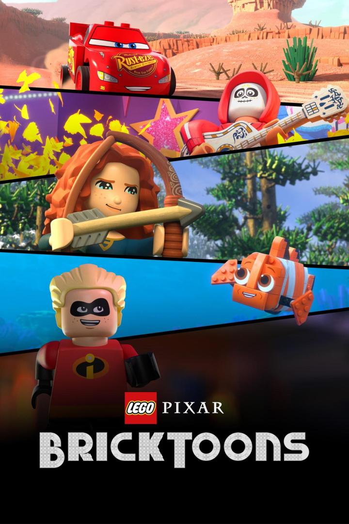 Das LEGO Pixar „Bricktoons“-Poster zeigt Lightning McQueen, Miguel, Merida, Mr. Incredible und Nemo.