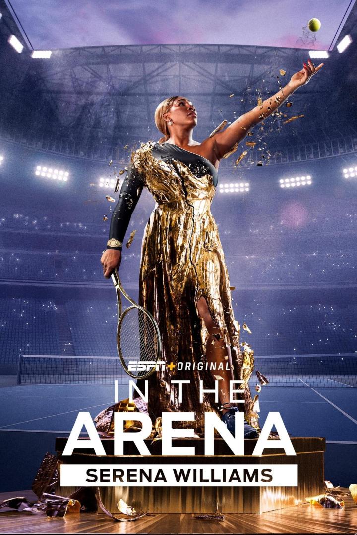 Serena Williams in einem goldenen Kleid auf einem Tennisplatz, beim Aufschlag.