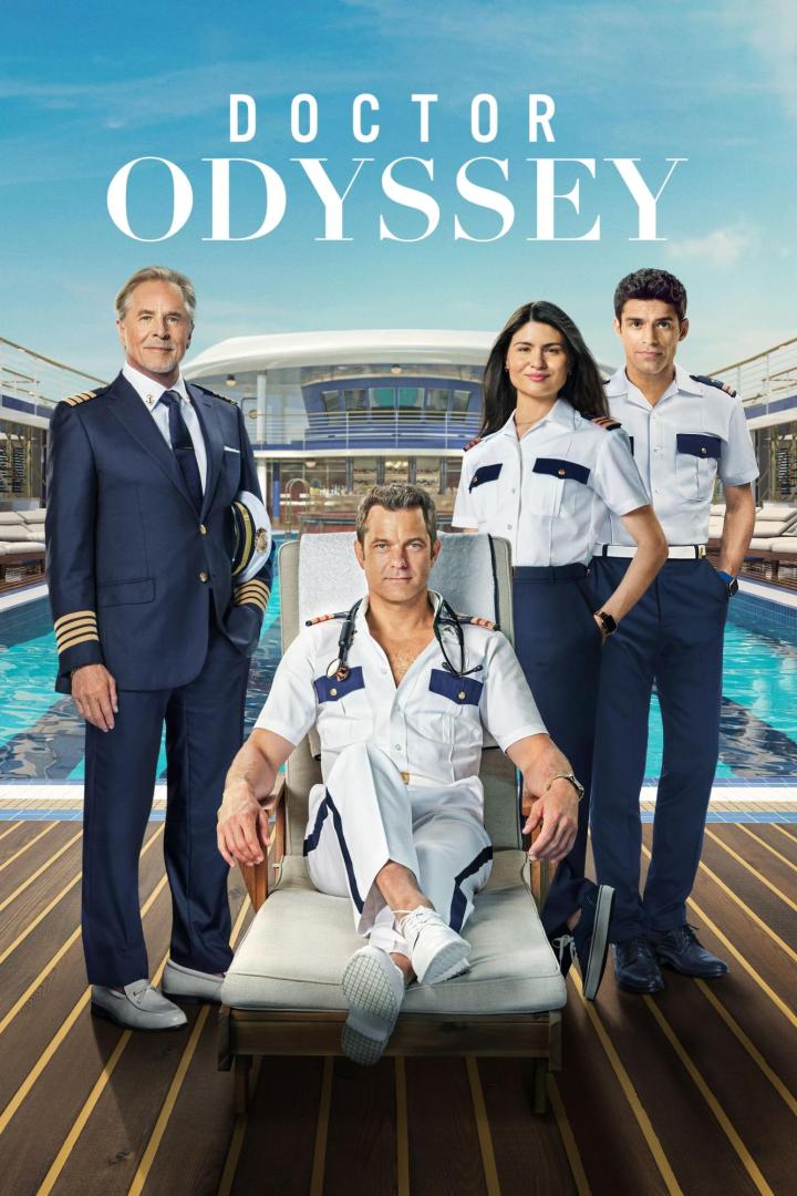 Das Poster für „Doctor Odyssey“ zeigt einen Arzt und zwei Offiziere vor einem Kreuzfahrtschiff.