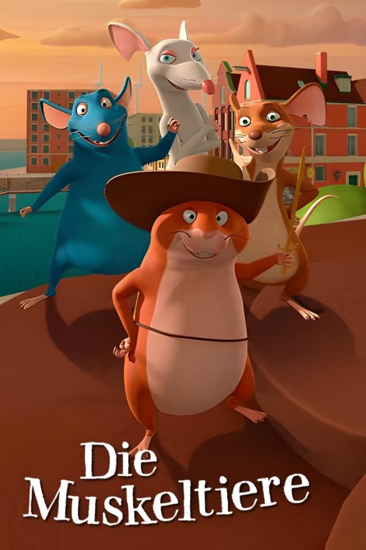 Das animierte Filmplakat für „Die Muskeltiere“ zeigt vier anthropomorphe Nagetiere.