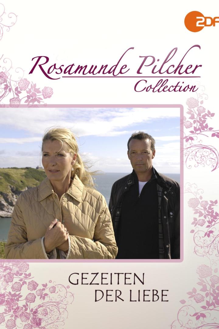 Cover des Rosamunde Pilcher Films „Gezeiten der Liebe“ mit zwei Schauspielern vor einer Küstenlandschaft.