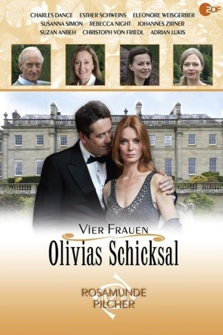 Das Filmplakat zu „Vier Frauen – Olivias Schicksal“ nach Rosamunde Pilcher zeigt ein Paar vor einem Herrenhaus.