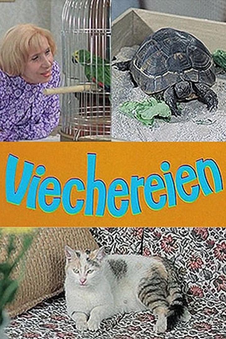 Collage mit einer Frau, einem Papagei, einer Schildkröte, dem Wort „Viechereien“ und einer Katze.
