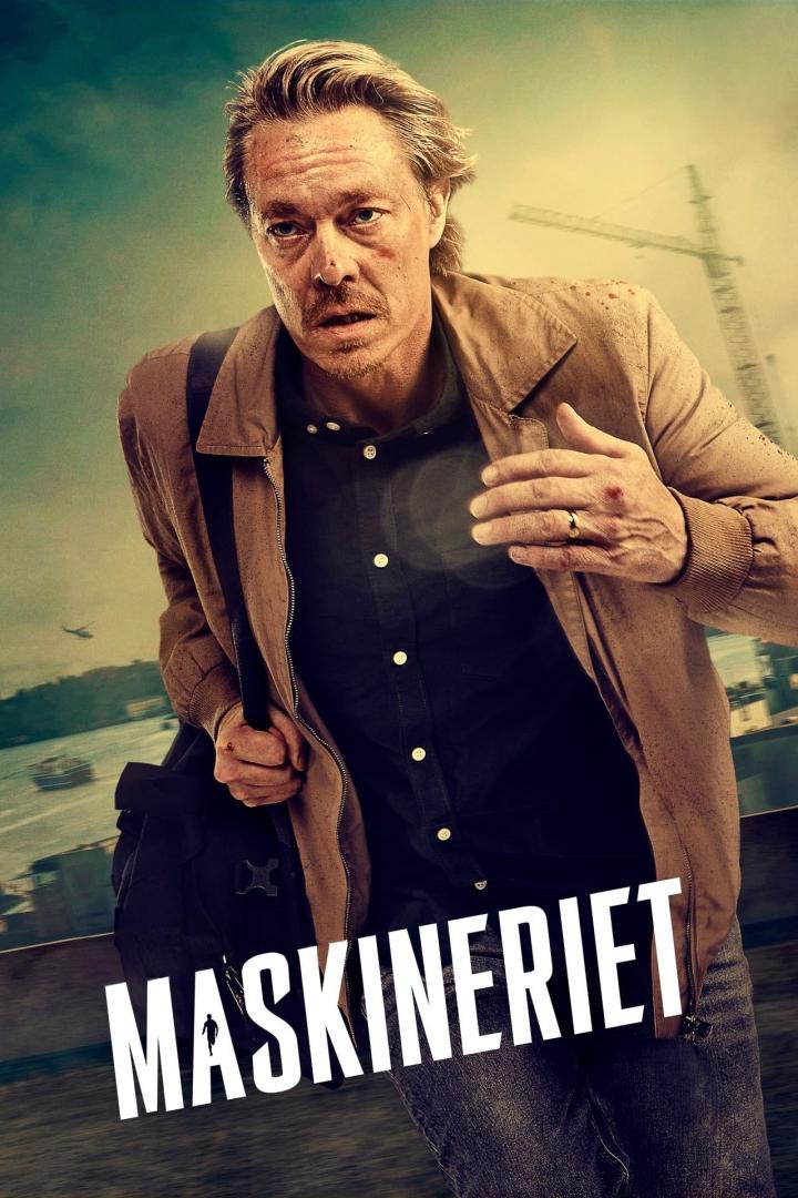 Ein Mann mit blutigem Gesicht rennt auf dem Filmplakat zu „Maskineriet“.