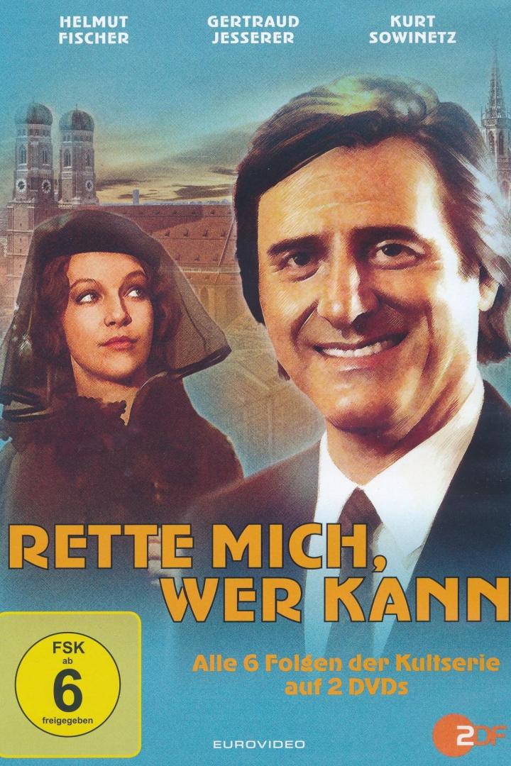 Das Cover der DVD „Rette mich, wer kann“ mit Helmut Fischer, Gertraud Jesserer und Kurt Sowinetz vor Münchner Stadtkulisse.