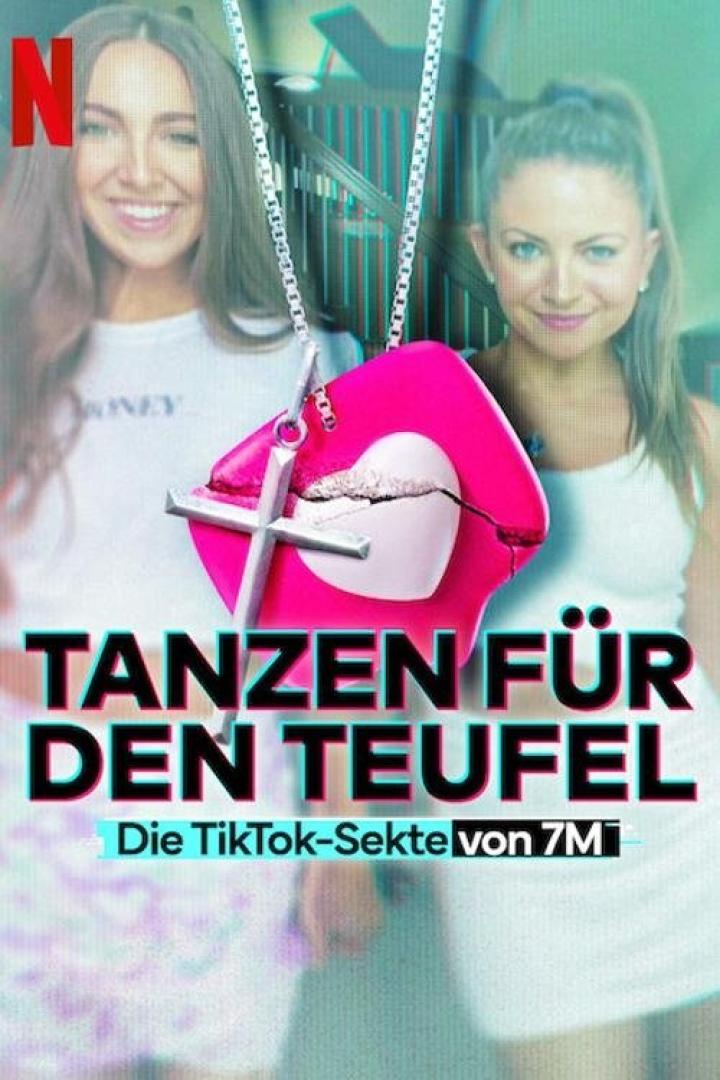 Das Filmplakat für „Tanzen für den Teufel: Die TikTok-Sekte von 7M“ zeigt zwei Frauen und ein pinkes Herz mit Kreuz.