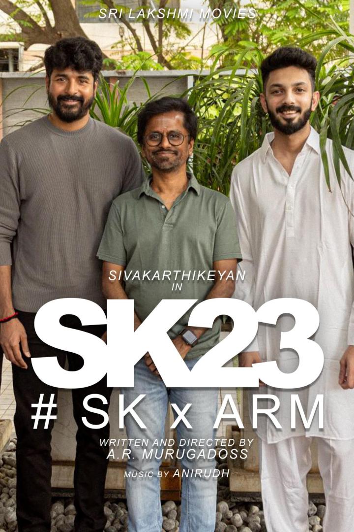 Das Filmplakat zu „SK23“ zeigt Sivakarthikeyan mit A.R. Murugadoss und Anirudh.