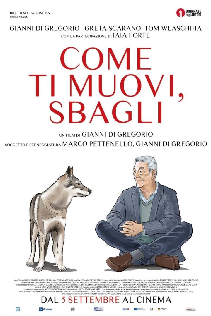 Das Filmplakat für „Come ti muovi, sbagli“ zeigt einen Mann und einen Wolf im Comicstil.