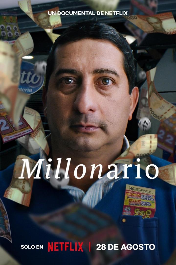 Das Filmplakat für „Millonario“, eine Netflix-Dokumentation, zeigt einen Mann umgeben von Geldscheinen und Lottoscheinen.
