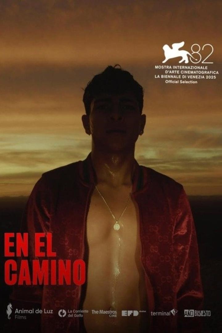 Ein Filmplakat für „En El Camino“ mit einem jungen Mann vor einem Sonnenuntergang.
